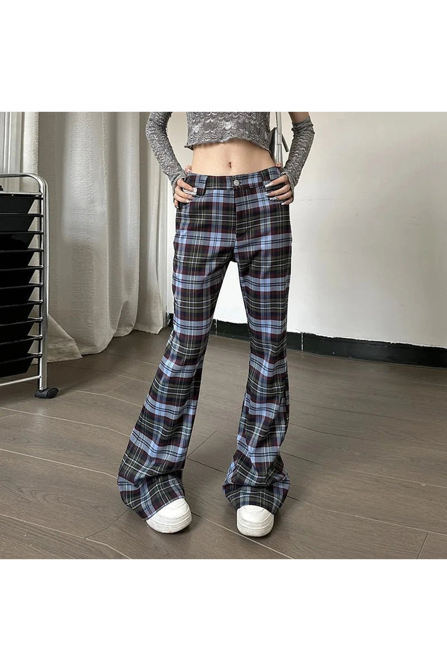 Retro Plaid Flare Pants - Pants