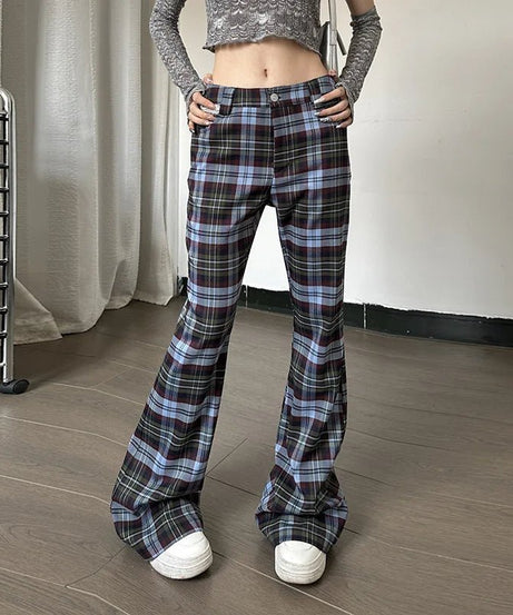 Retro Plaid Flare Pants - Pants