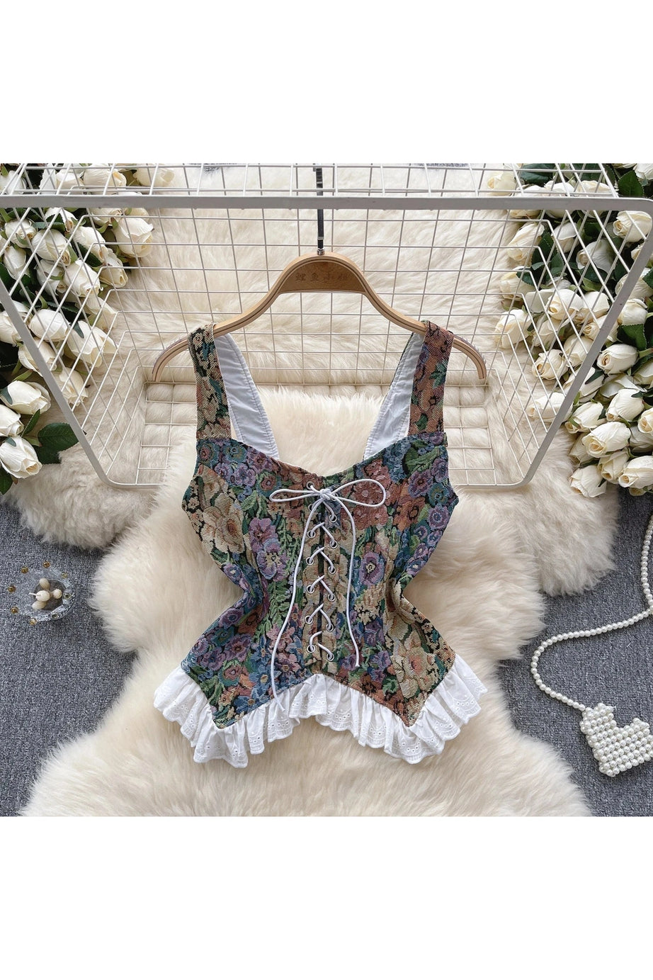 Retro Print Lace Camis Top - Crop Tops