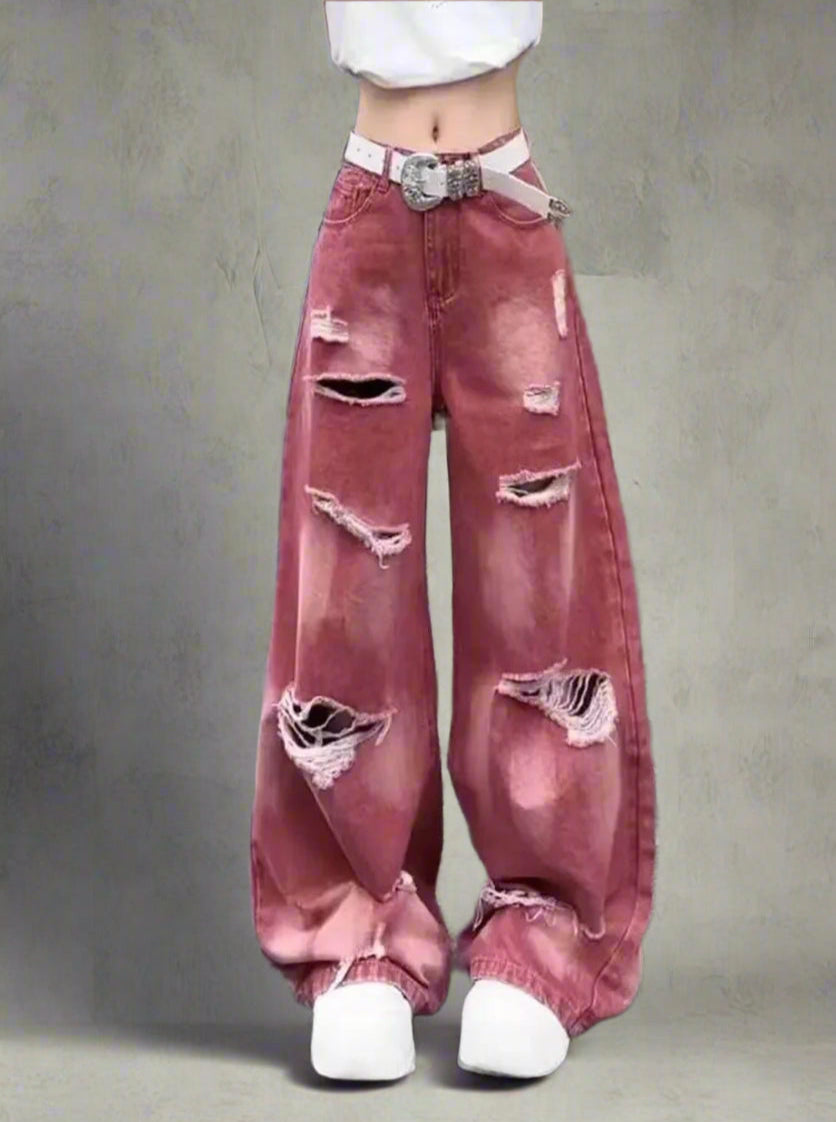 Rose Distressed Edgy Baggy Jeans Pink Shoptery