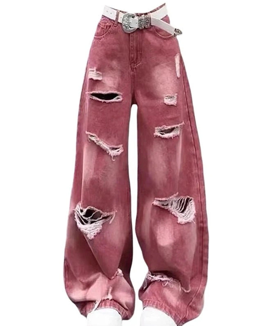 Retro Rose Distressed Baggy Jeans - Jeans