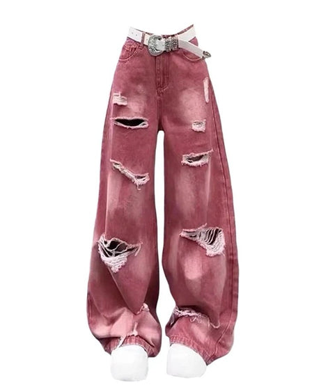 Retro Rose Distressed Baggy Jeans - Jeans