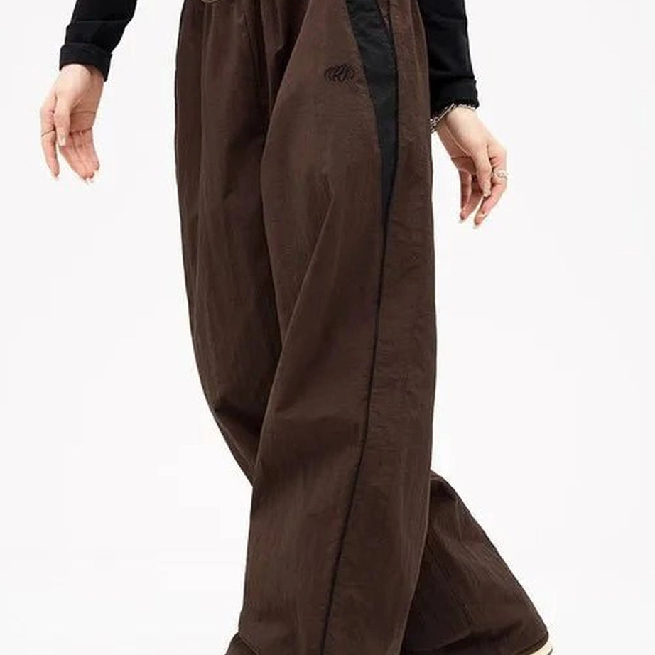 Retro Solid Drawstring Trousers brown Shoptery