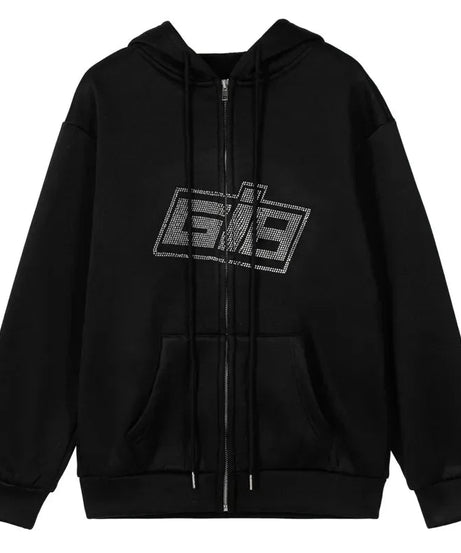 Rhinestone Logo Zip - Up Hoodie - Hoodies