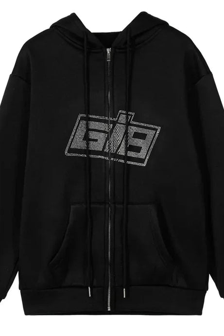 Rhinestone Logo Zip - Up Hoodie - Hoodies