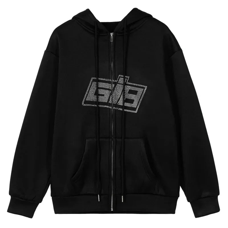 Rhinestone Logo Zip - Up Hoodie - Hoodies