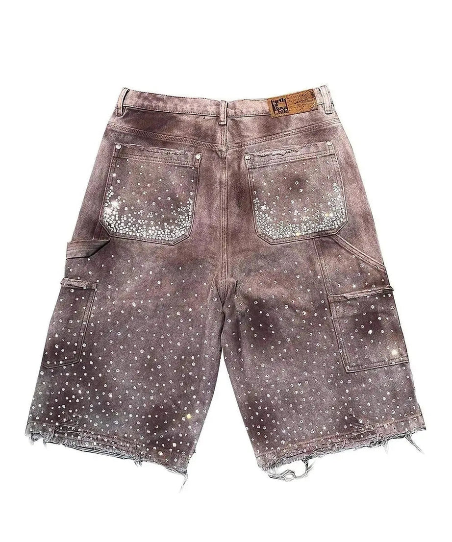 Rhinestone Studded Distressed Denim Shorts - Jean Shorts