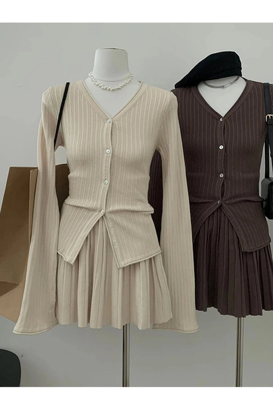 Ribbed Cardigan and Pleated Skirt Set - Outfit Sets