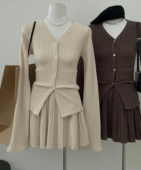 Ribbed Cardigan and Pleated Skirt Set - Outfit Sets