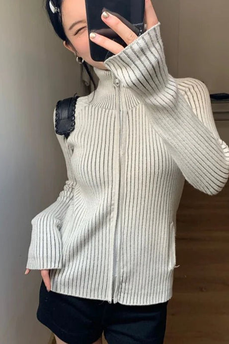 Ribbed High - Neck Zip Sweater - Sweaters