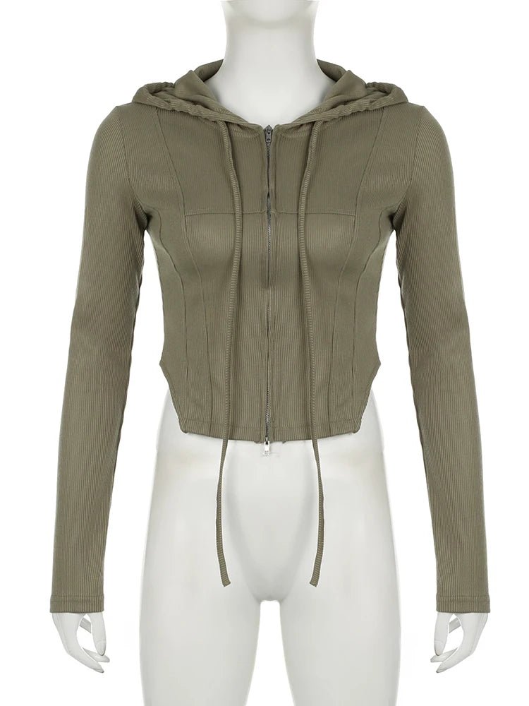 Ribbed Olive Zip - Up Hoodie - 