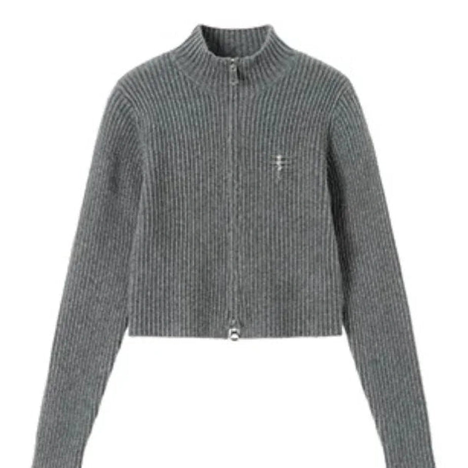 Acubi Y2k Fall Ribbed Zip-Up Turtleneck Cardigan Grey Shoptery