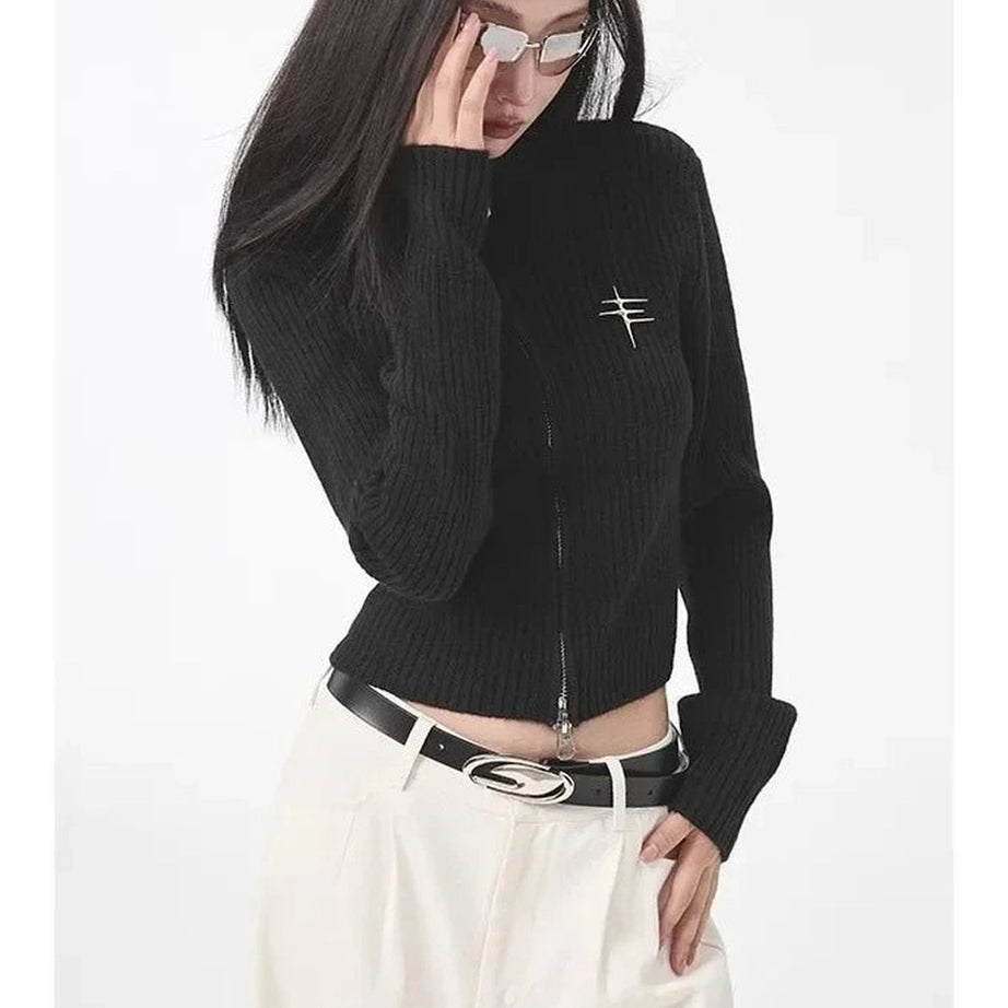 Acubi Y2k Fall Ribbed Zip-Up Turtleneck Cardigan Shoptery