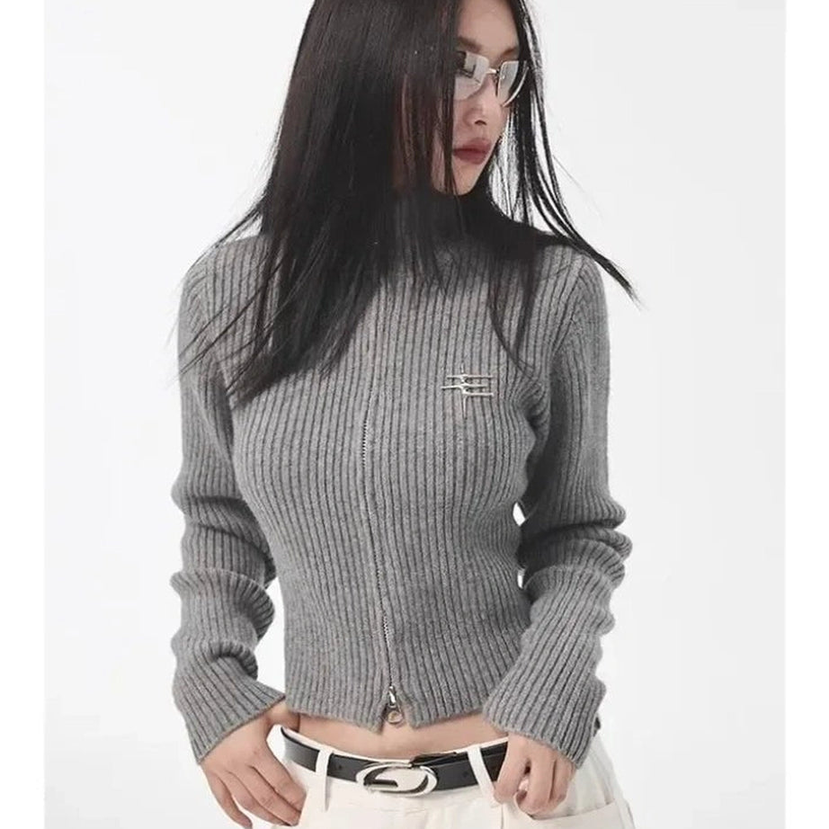 Acubi Y2k Fall Ribbed Zip-Up Turtleneck Cardigan Shoptery