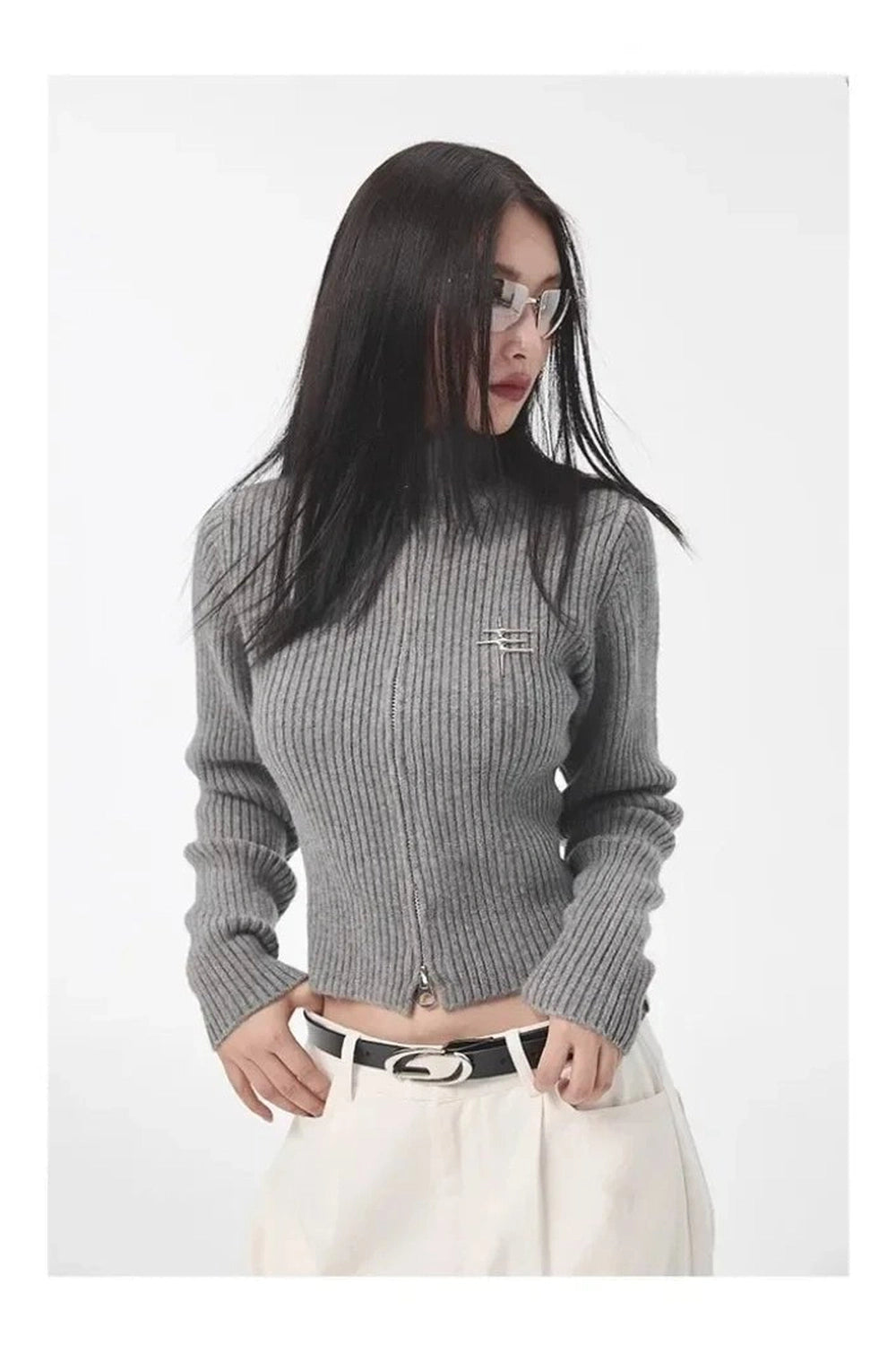 Acubi Y2k Fall Ribbed Zip-Up Turtleneck Cardigan Shoptery