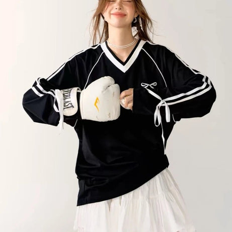 Ribbon Play Aesthetic Oversized Jersey Top Shoptery
