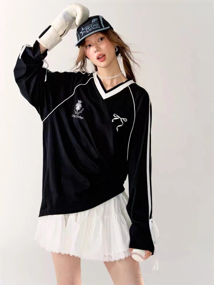Ribbon Play Aesthetic Oversized Jersey Top Shoptery