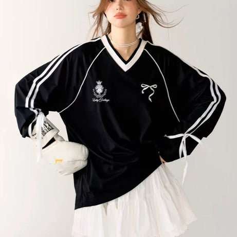 Ribbon Play Aesthetic Oversized Jersey Top Black Shoptery