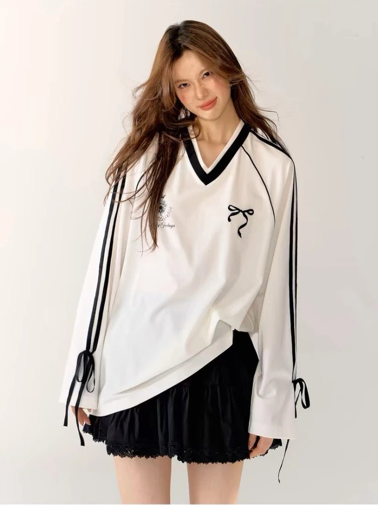 Ribbon Play Aesthetic Oversized Jersey Top White Shoptery