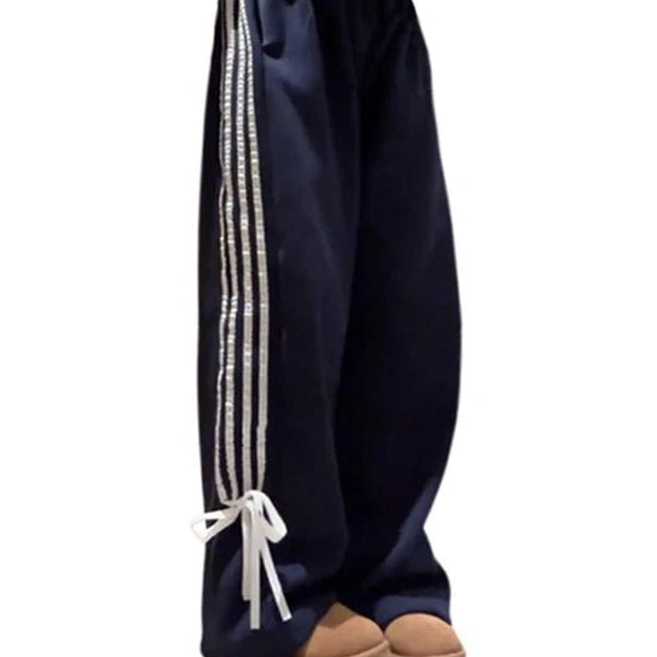 Y2k Ribbon Striped Wide-Leg Pants Navy Shoptery
