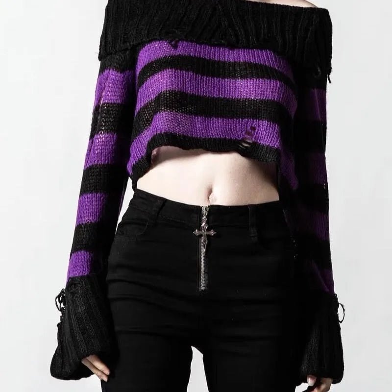 Ripped Striped Off - Shoulder Sweater - Sweaters