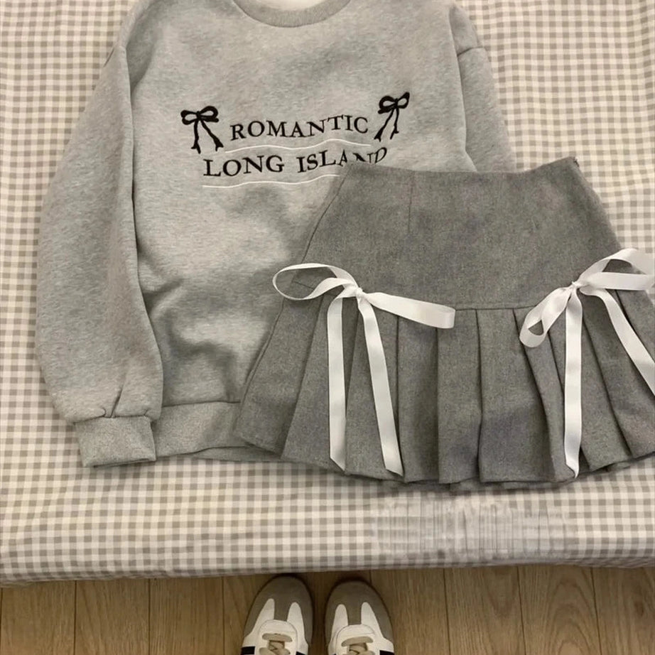 Acubi Romantic Ribbon Sweatshirt and Skirt Outfit Set Shoptery