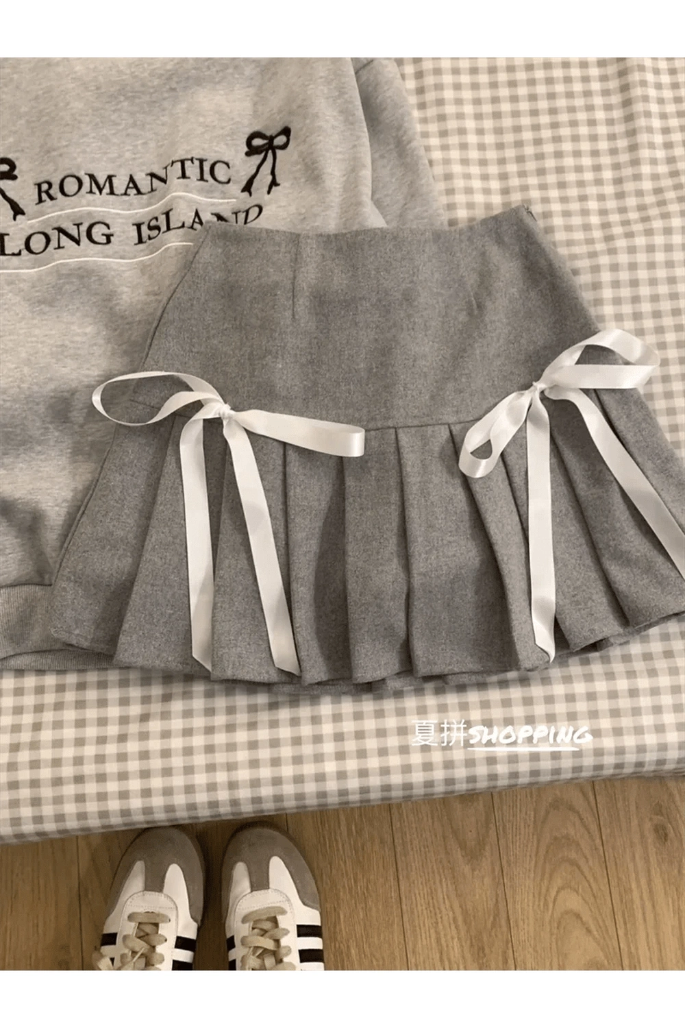 Acubi Romantic Ribbon Sweatshirt and Skirt Outfit Set K-Grey pleated skirt Shoptery