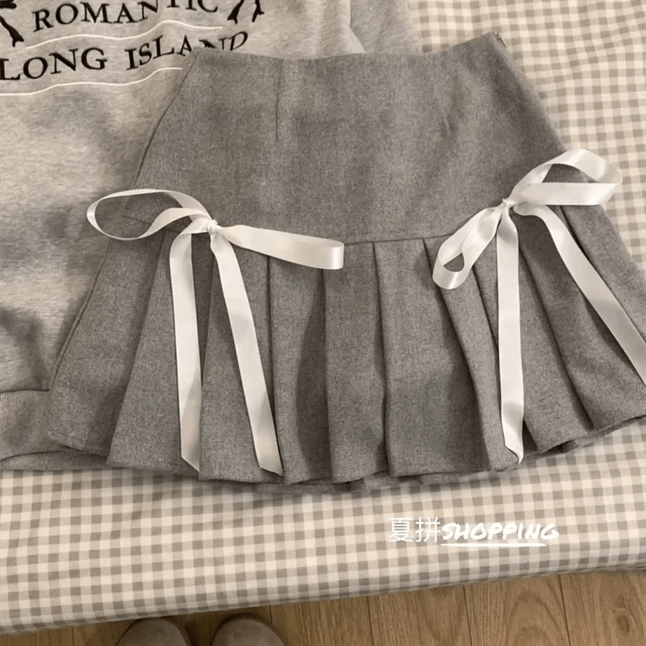 Acubi Romantic Ribbon Sweatshirt and Skirt Outfit Set K-Grey pleated skirt Shoptery