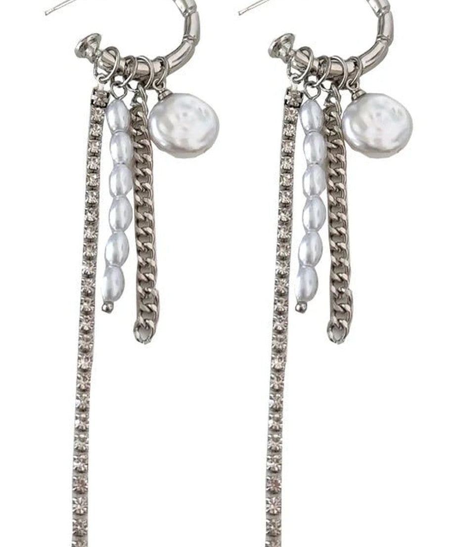 Round Bar Pearl Tassel Earrings -