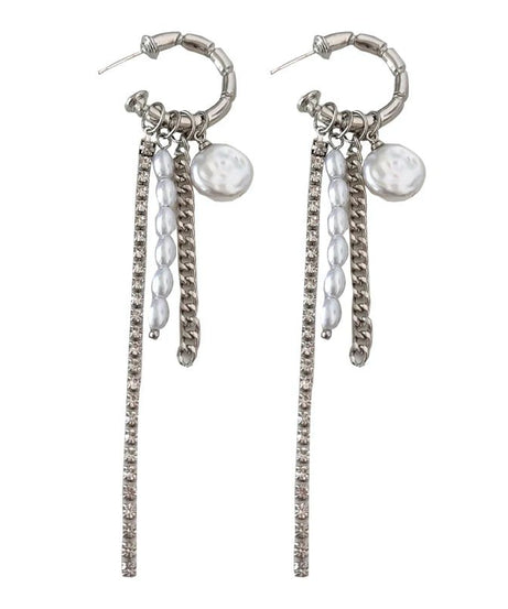 Round Bar Pearl Tassel Earrings -