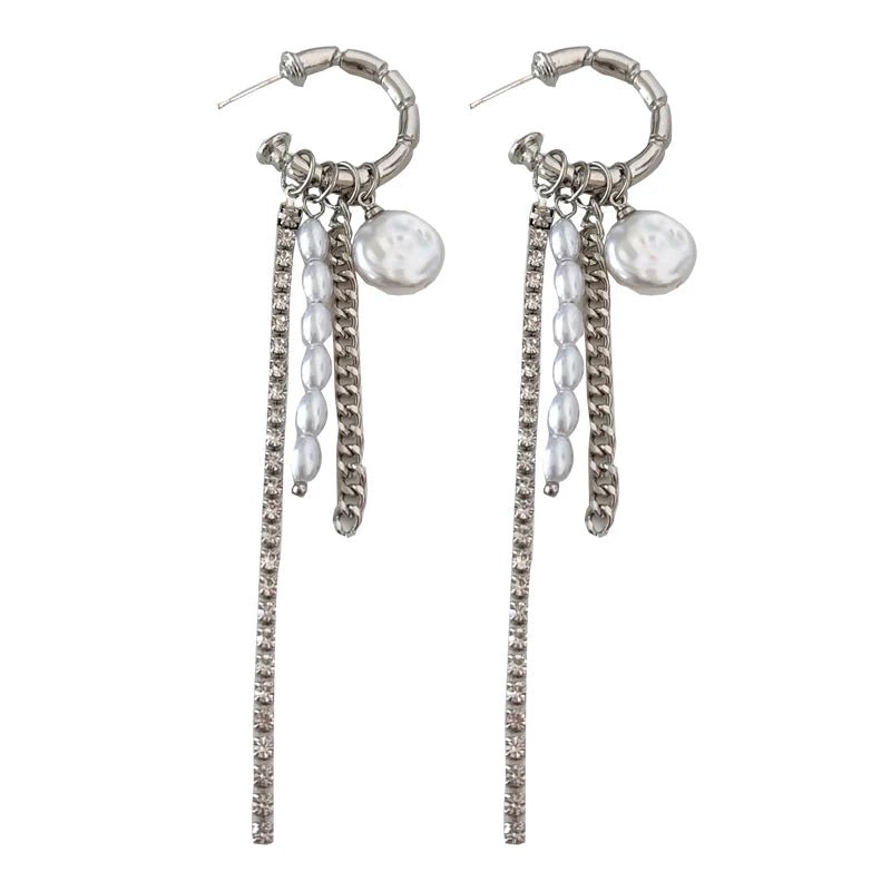 Round Bar Pearl Tassel Earrings -