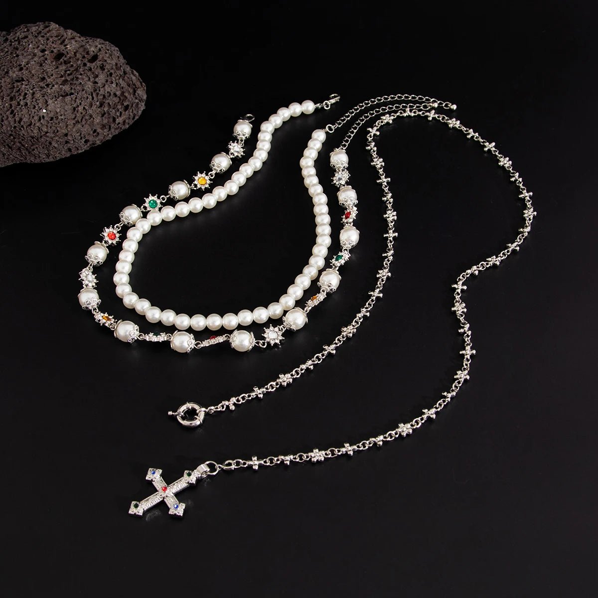 Royal Pearl Cross Layered Aesthetic Necklace Silver Color Shoptery