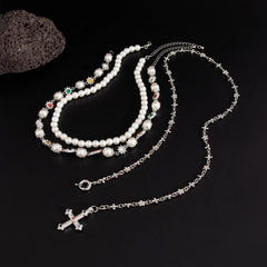Royal Pearl Cross Layered Aesthetic Necklace Silver Color Shoptery