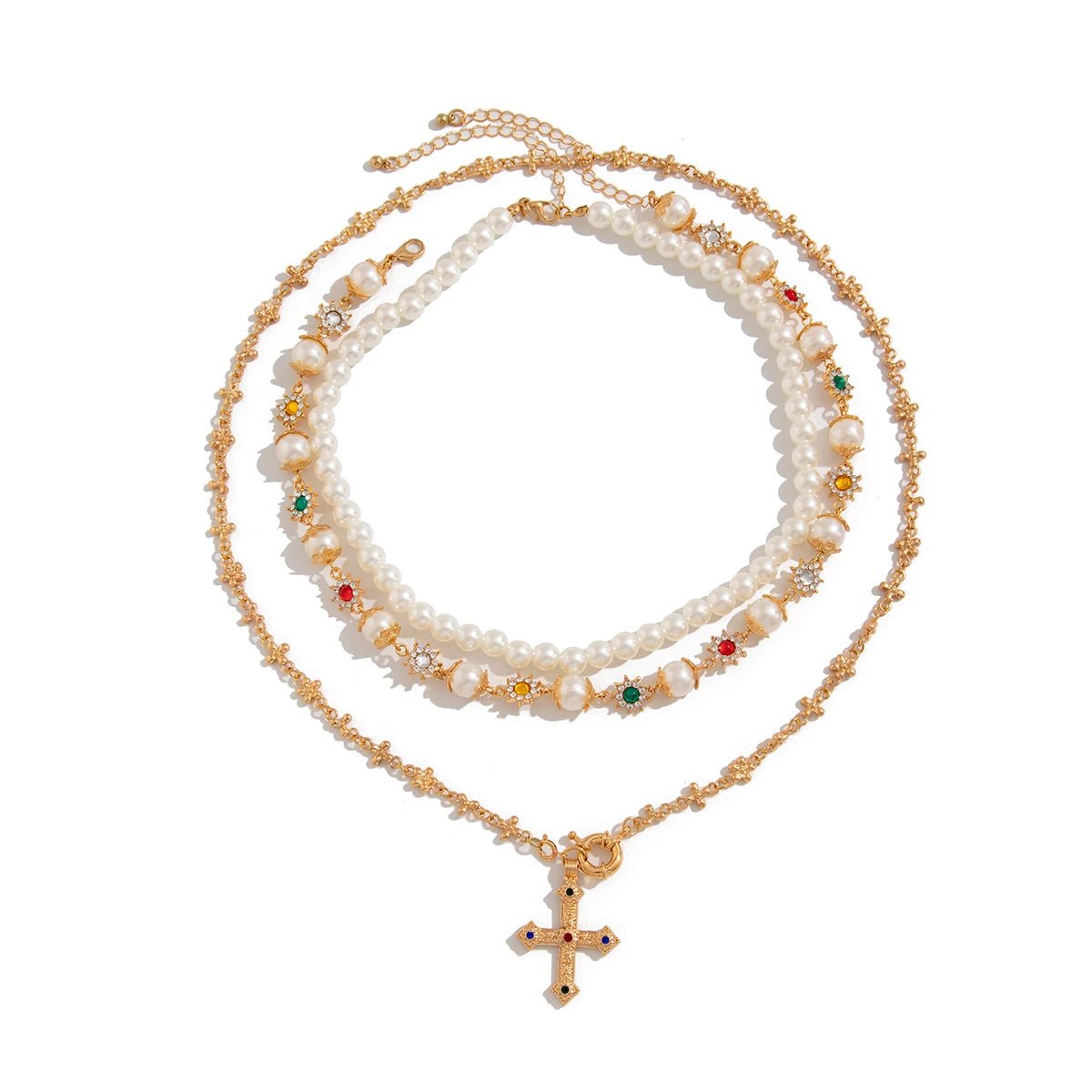 Royal Pearl Cross Layered Aesthetic Necklace Gold Color Shoptery