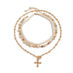Royal Pearl Cross Layered Aesthetic Necklace Gold Color Shoptery
