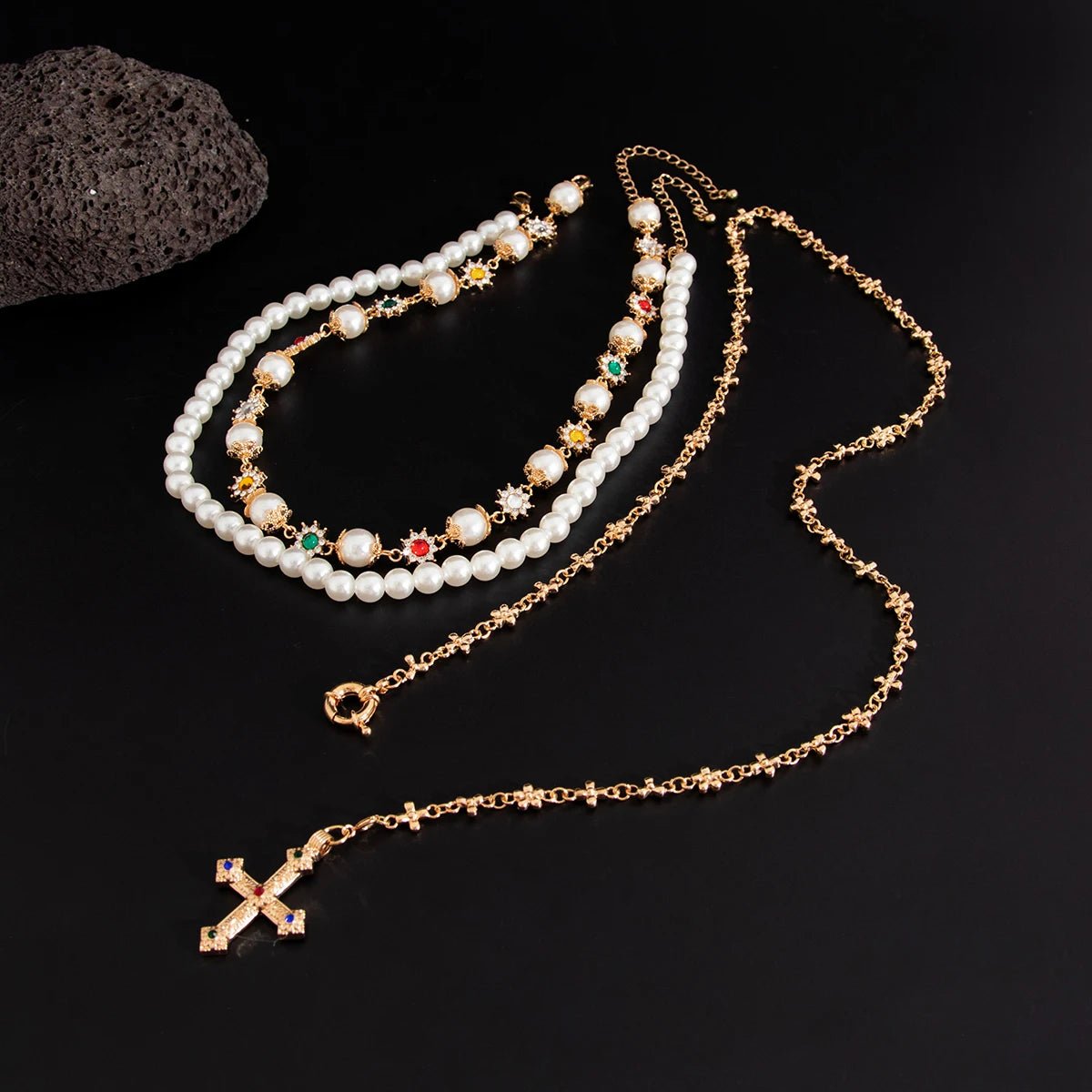 Royal Pearl Cross Layered Aesthetic Necklace Shoptery