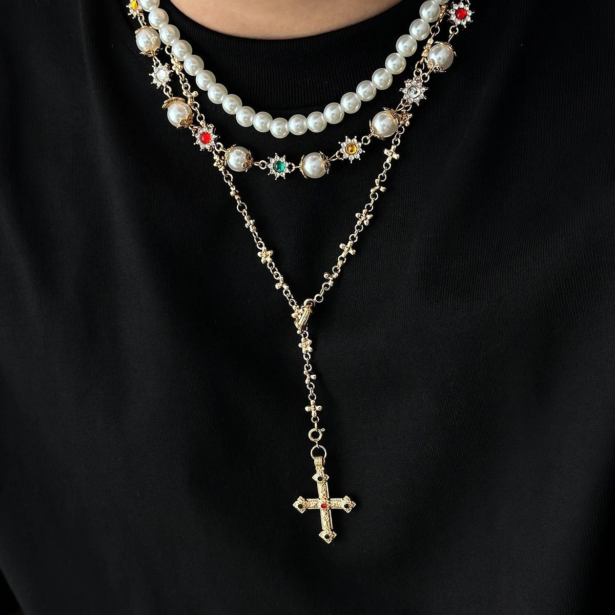 Royal Pearl Cross Layered Aesthetic Necklace Shoptery