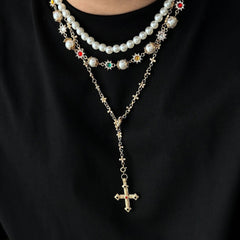 Royal Pearl Cross Layered Aesthetic Necklace Shoptery