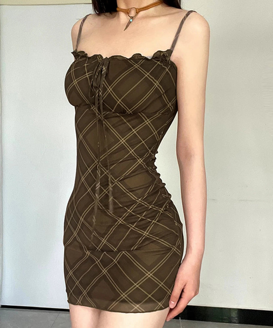 Ruched Plaid Bodycon Slip Dress - Dresses