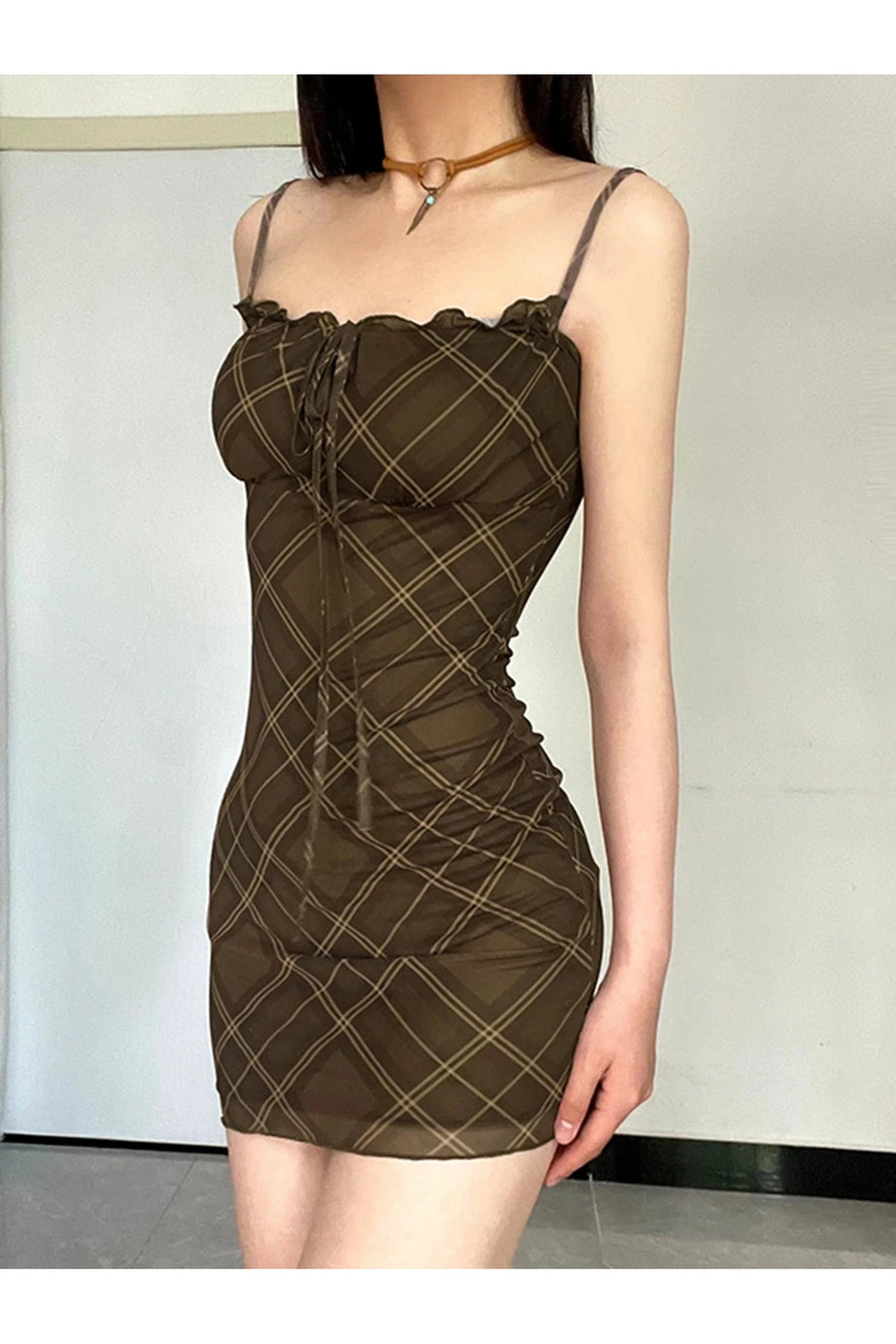 Ruched Plaid Bodycon Slip Dress - Dresses