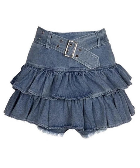 Ruffled Denim Charm Mini Skirt - 