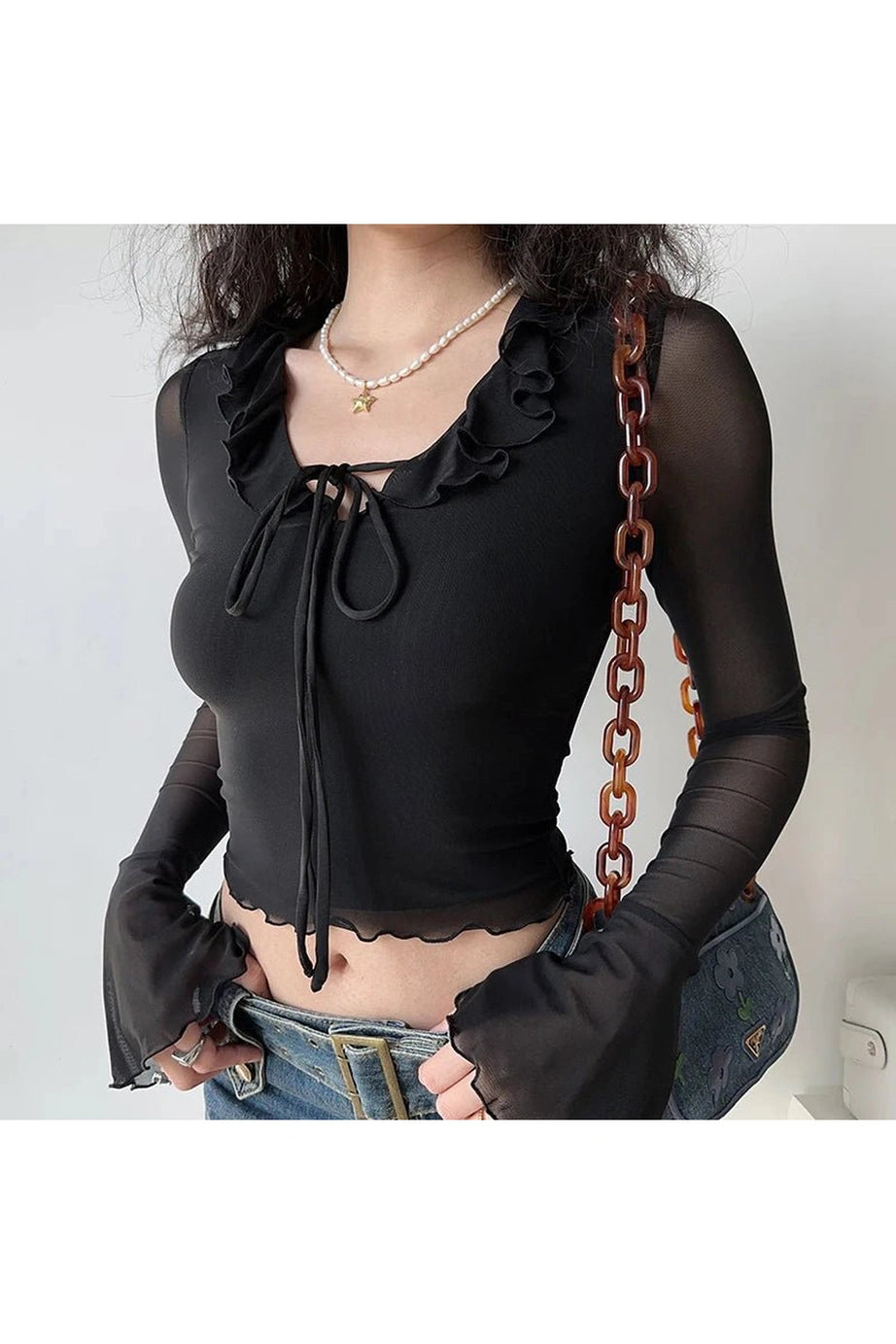 Ruffled Mesh Sleeve Crop Top - Crop Tops