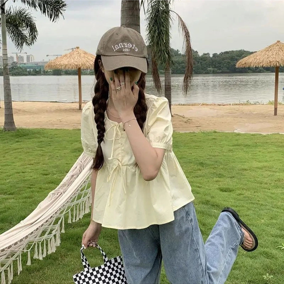 Coquette Ruffles Lace-up Blouse Shoptery