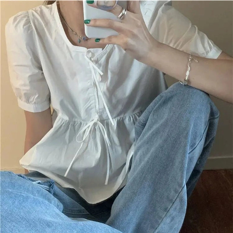 Coquette Ruffles Lace-up Blouse White Shoptery