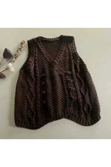 Retro Rustic Cable Knit Button Vest brown One Size Shoptery