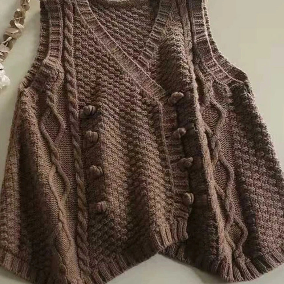 Retro Rustic Cable Knit Button Vest khaki One Size Shoptery