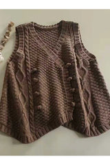 Retro Rustic Cable Knit Button Vest khaki One Size Shoptery