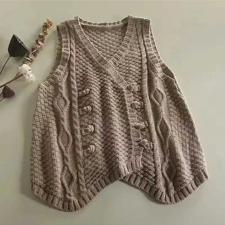 Retro Rustic Cable Knit Button Vest apricot One Size Shoptery