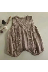Retro Rustic Cable Knit Button Vest apricot One Size Shoptery