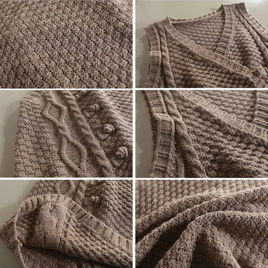 Retro Rustic Cable Knit Button Vest Shoptery